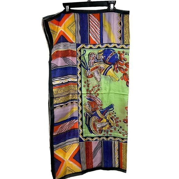 Scarf 100% Silk Mexican Fiesta Multi-Color Square Hand Rolled Hem 32” X 35” - Picture 6 of 10